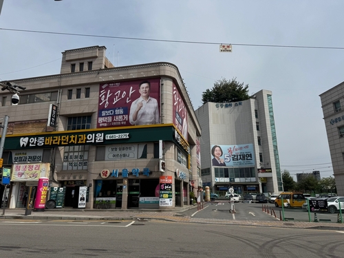 (서울=연합뉴스) 박재하 기자 = 6·3 지방선거와 함께 치러지는 경기 평택을 재선거는 여야 후보 간 5파전 경쟁 구도가 형성됐다. 경기 평택 안중오거리 인근 건물에 출마자들의 현수막이 걸려있다. 2026. 5. 19 jaeha67@yna.co.kr