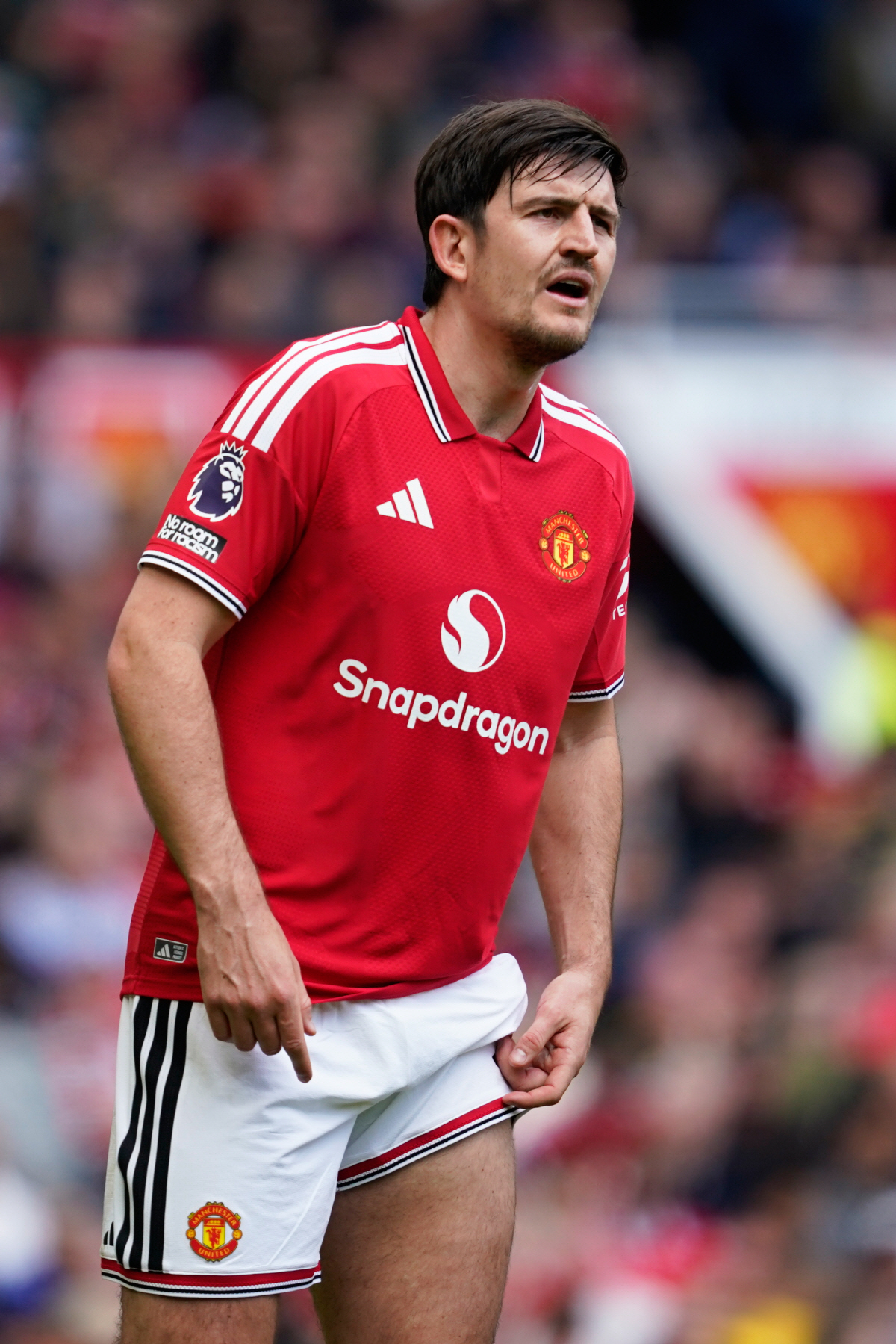 Manchester United's Harry Maguire during the English Premier League soccer match between Manchester United and Nottingham Forest in Manchester, England, Sunday, May 17, 2026. (AP Photo/Dave Thompson)