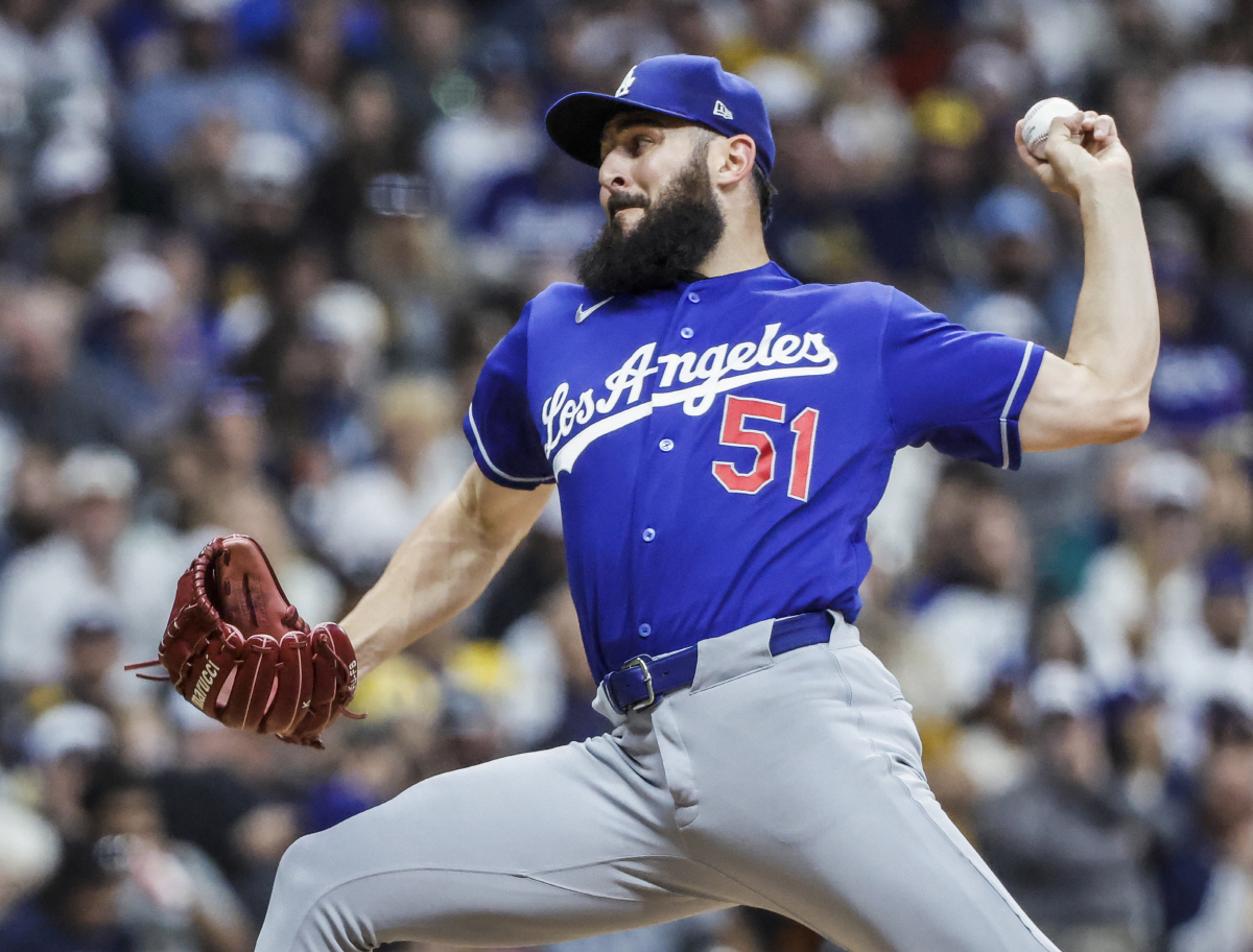 Los Angeles Dodgers relief pitcher Alex Vesia throws in the sixth inning of the MLB game between the Los Angeles Dodgers and the Milwaukee Brewers at American Family Field in Milwaukee, Wisconsin on Saturday, May 23, 2026. Photo by Tannen Maury/UPI