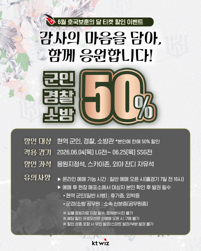 KT 위즈, 호국보훈의 달 맞아 군경 및 소방관 티켓 할인