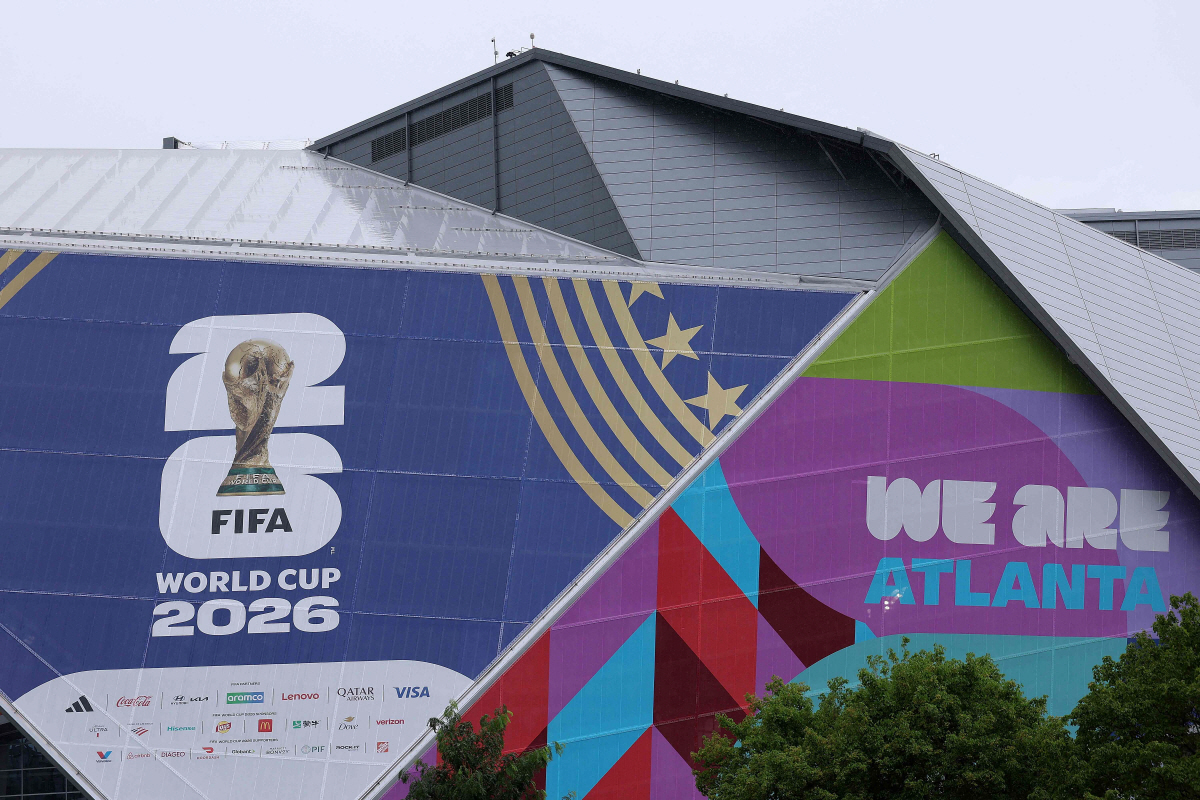 ATLANTA, GEORGIA - MAY 25: A detailed view of the preparations around Mercedes-Benz Stadium as the signage is transitioned to become Atlanta Stadium ahead of the FIFA World Cup 2026 on May 25, 2026 in Atlanta, Georgia.