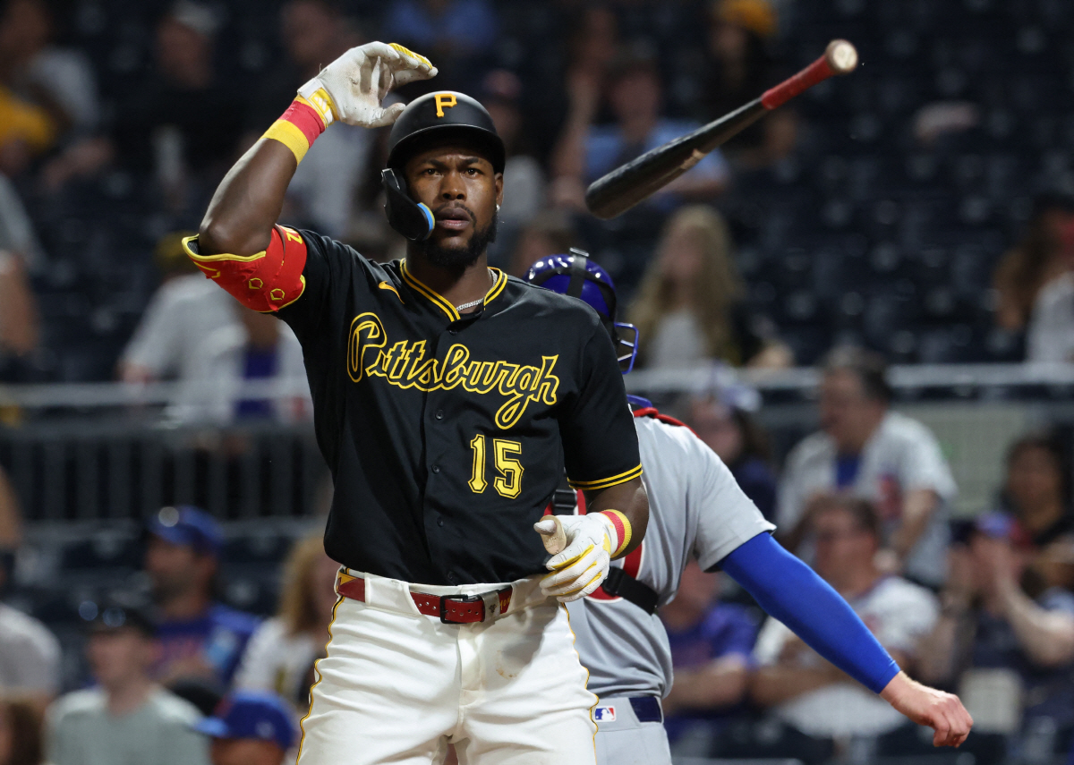 May 27, 2026; Pittsburgh, Pennsylvania, USA; Pittsburgh Pirates center fielder Oneil Cruz (15) throws his bat after striking out to end the eighth inning against the Chicago Cubs at PNC Park. Mandatory Credit: Charles LeClaire-Imagn Images