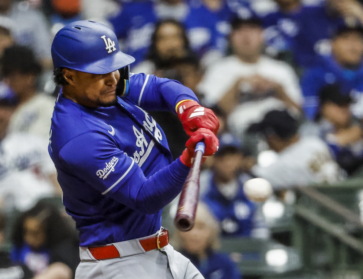 Los Angeles Dodgers third baseman Santiago Espinal hits an RBi single in the ninth inning of the MLB game between the Los Angeles Dodgers and the Milwaukee Brewers at American Family Field in Milwaukee, Wisconsin on Saturday, May 23, 2026. The Dodgers defeated the Brewers 11-3. Photo by Tannen Maury/UPI