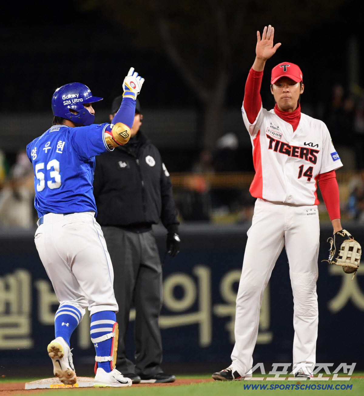 7일 광주 기아챔피언스필드에서 열린 KIA와 삼성의 경기. 삼성 양우현이 안타를 날린 뒤 환호하고 있다. 광주=박재만 기자 pjm@sportschosun.com/2026.04.07/