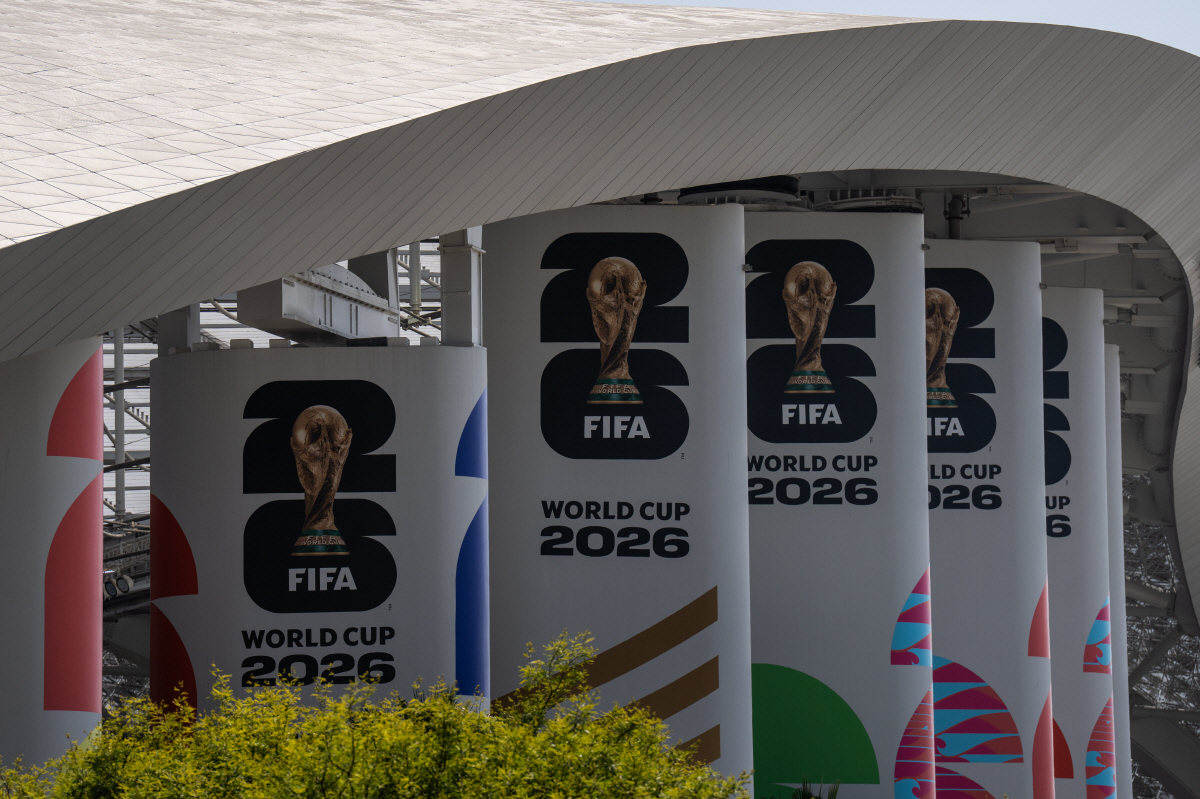 FIFA World Cup 2026 signage is displayed on columns at SoFi Stadium, Friday, June 5, 2026, in Inglewood, Calif. (AP Photo/Jae C. Hong)