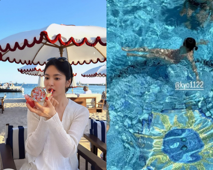 송혜교, 수영복 입고 물놀이라니..해외서 더 과감해진 '숏컷 여신'