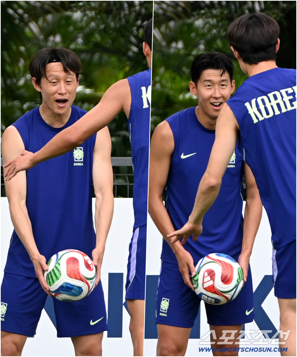 중심을 잡지 못해 휘청이는 손흥민을 향한 이재성의 핀잔, '너는 얼마나 잘하길래...' 능청스러운 표정으로 이재성을 바라보는 손흥민의 눈빛. 사포판(멕시코)=허상욱 기자