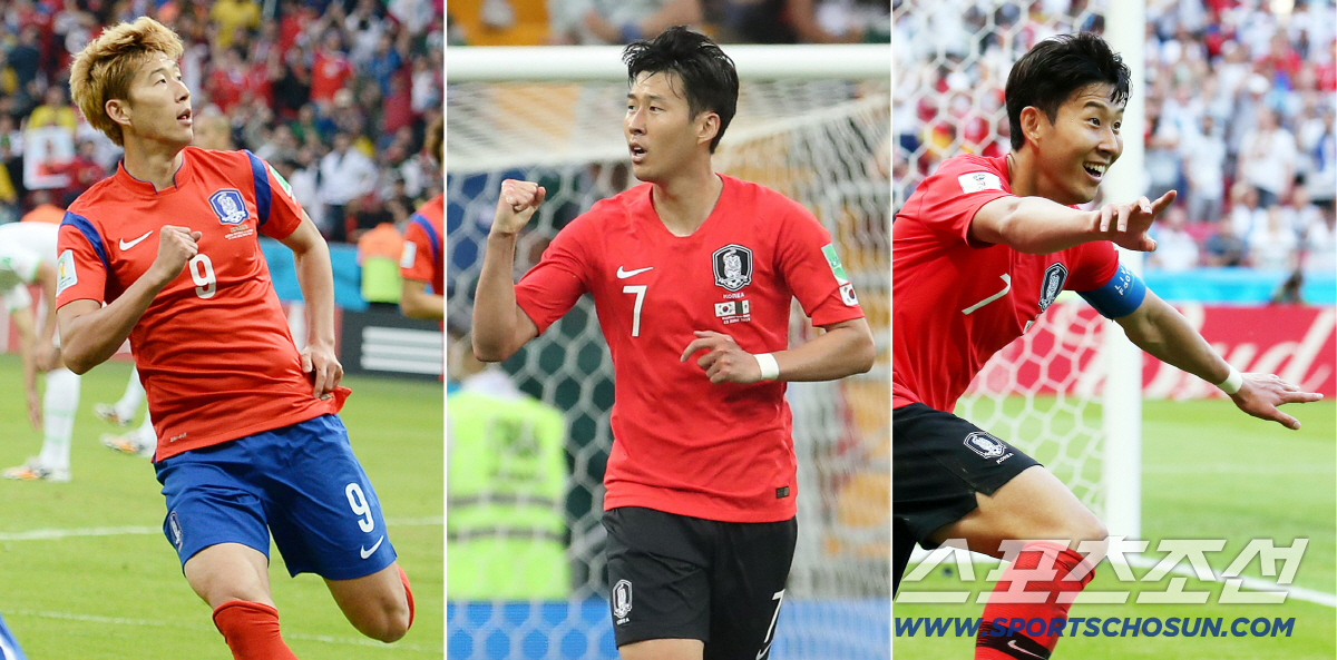 2014 브라질월드컵 알제리와의 경기에서 팀의 첫번째 골을 터뜨린 손흥민(맨 왼쪽)과 2018 러시아월드컵 멕시코와의 경기에서 후반 인저리타임때 골을 터뜨린 손흥민(가운데), 그리고 2018 러시아월드컵 독일과의 조별예선 3차전, 2-0 승리를 가져오는 추가골을 터뜨리며 환호하는 손흥민의 모습. 스포츠조선DB