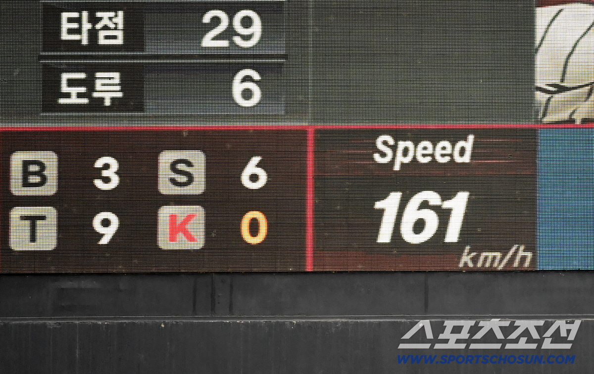 13일 잠실구장에서 열린 LG와 롯데의 경기. 전광판에 찍힌 LG 리오스 '161km' 강속구. 잠실=송정헌 기자 songs@sportschosun.com/2026.06.13/