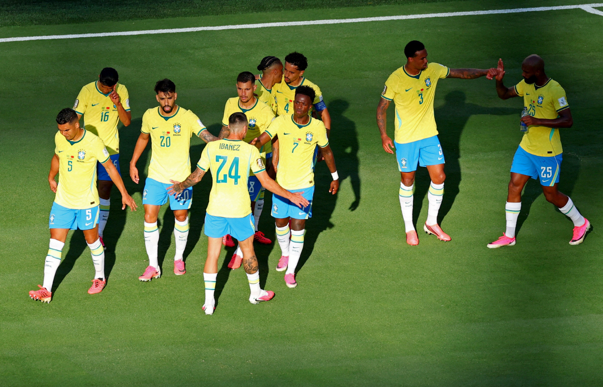 Soccer Football - FIFA World Cup 2026 - Group C - Brazil v Morocco - New York/New Jersey Stadium, East Rutherford, New Jersey, U.S. - June 13, 2026 Brazil's Vinicius Junior celebrates scoring their first goal with teammates REUTERS/Mike Segar