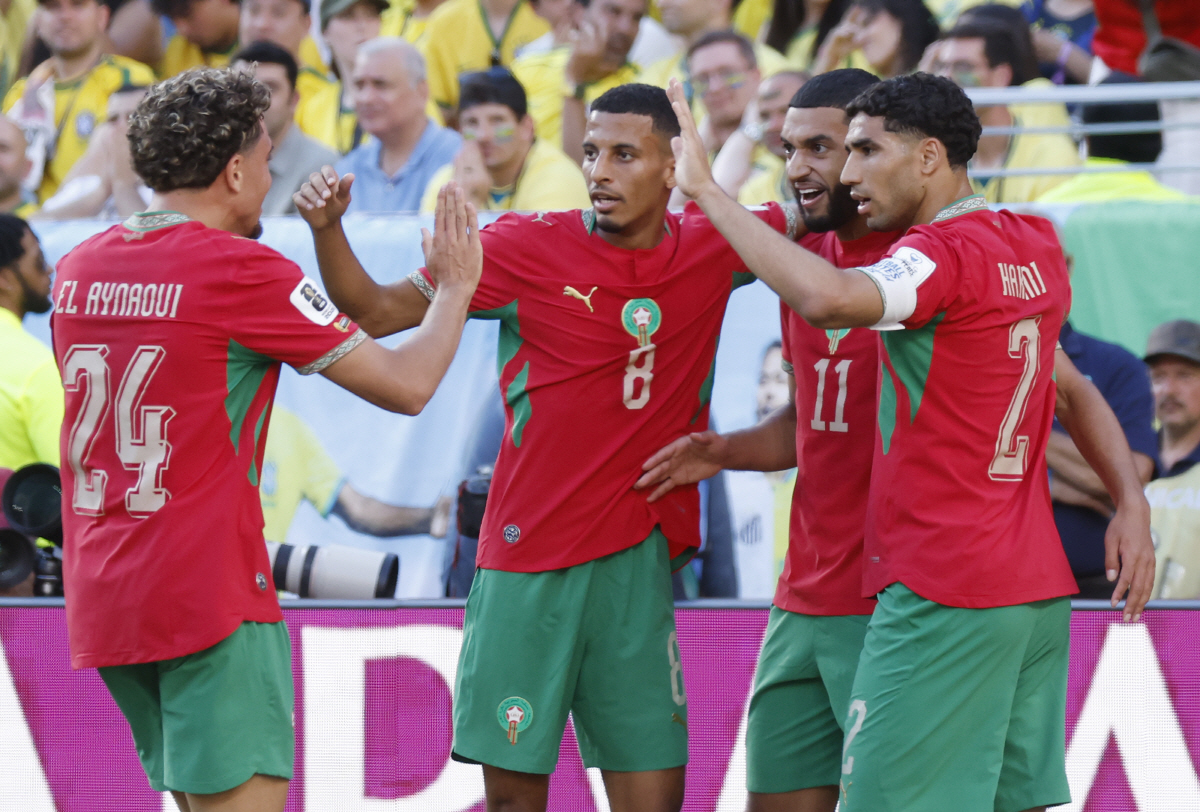 Morocco's Ismael Saibari (11) celebrates with teammates after scoring against Brazil in the first half of a FIFA World Cup match at MetLife Stadium in East Rutherford, New Jersey, on Saturday, June 13, 2026. Photo by John Angelillo/UPI