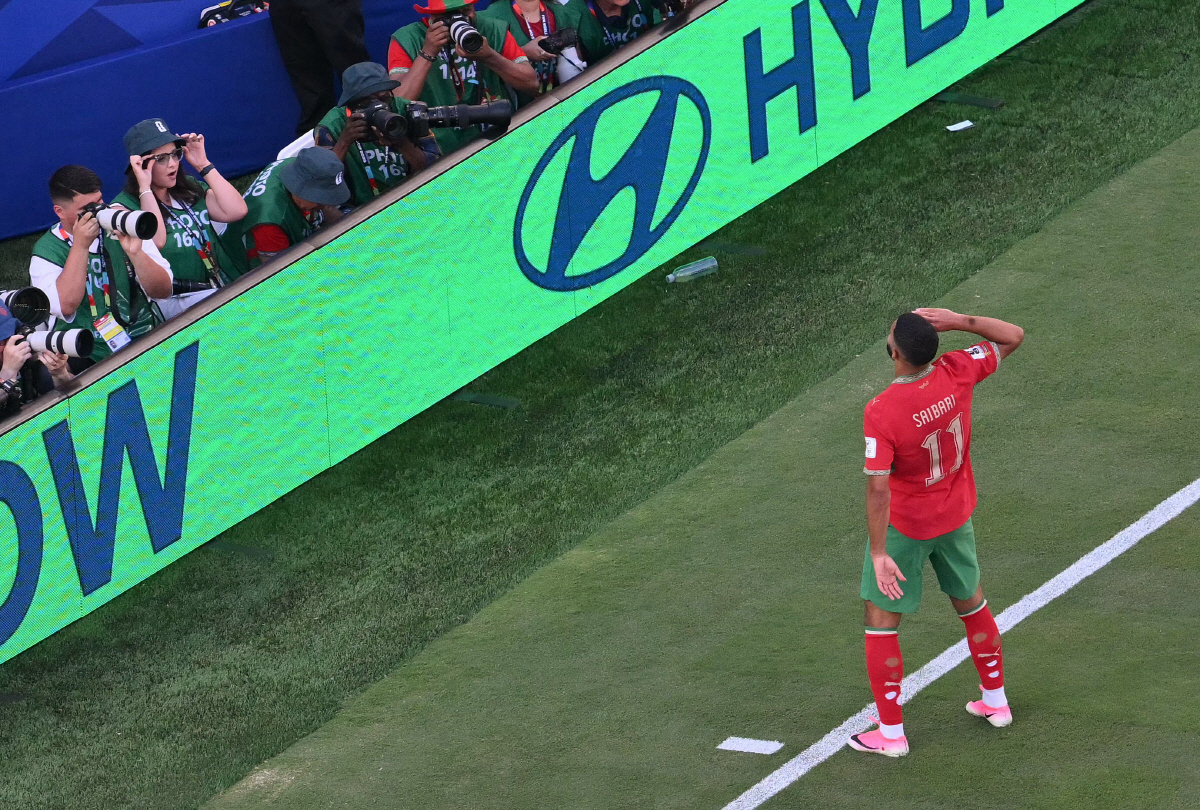 Morocco's midfielder #11 Ismael Saibari celebrates scoring his team's first goal during the 2026 World Cup Group C football match between Brazil and Morocco at the New York/New Jersey Stadium in East Rutherford on June 13, 2026. (Photo by Angela WEISS / AFP)