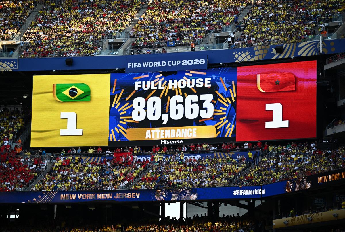 Soccer Football - FIFA World Cup 2026 - Group C - Brazil v Morocco - New York/New Jersey Stadium, East Rutherford, New Jersey, U.S. - June 13, 2026 General view of the scoreboard showing the attendance during the match REUTERS/Dylan Martinez