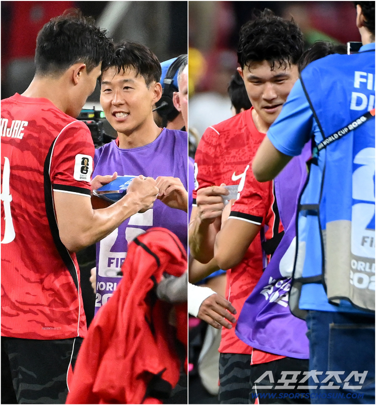 12일(한국시각) 멕시코 과달라하라 사포판의 에스타디오 과달라하라에서 열린 2026 북중미월드컵 대한민국과 체코의 경기. 대한민국이 2대1로 승리했다. 경기가 끝난 후 김민재가 손흥민에게 주장 완장을 건네주고 있다. 사포판(멕시코)=허상욱 기자 wook@sportschosun.com/2026.06.12/