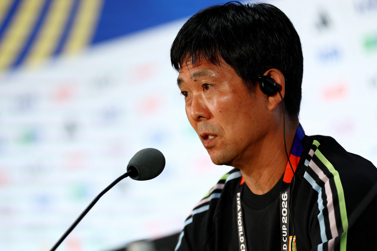 Soccer Football - FIFA World Cup 2026 - Japan Press Conference - Dallas Stadium, Arlington, Texas, U.S. - June 13, 2026 Japan coach Hajime Moriyasu during the press conference REUTERS/Hannah Mckay