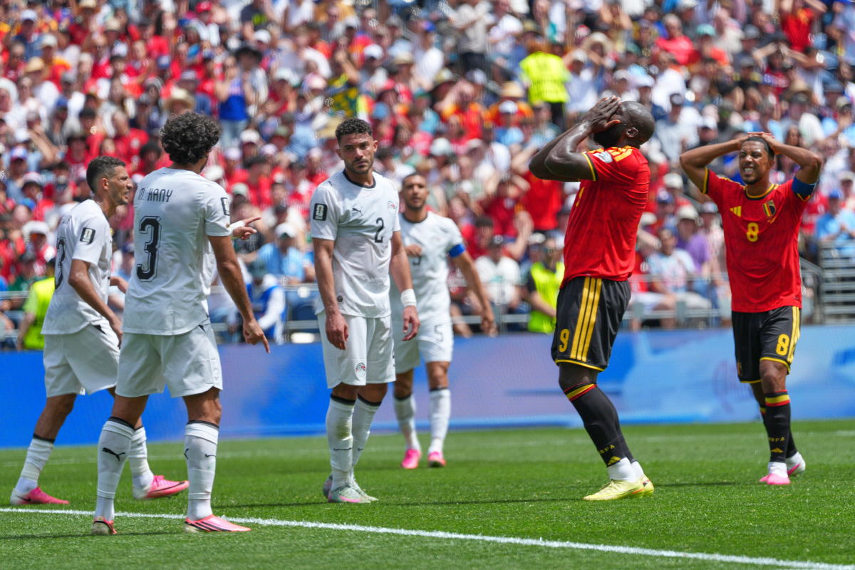 Belgium's Romelu Lukaku, second right, reacts after he missed a chance to score a goal during the World Cup Group G soccer match between Belgium and Egypt in Seattle, Monday, June 15, 2026. (AP Photo/Manu Fernandez)