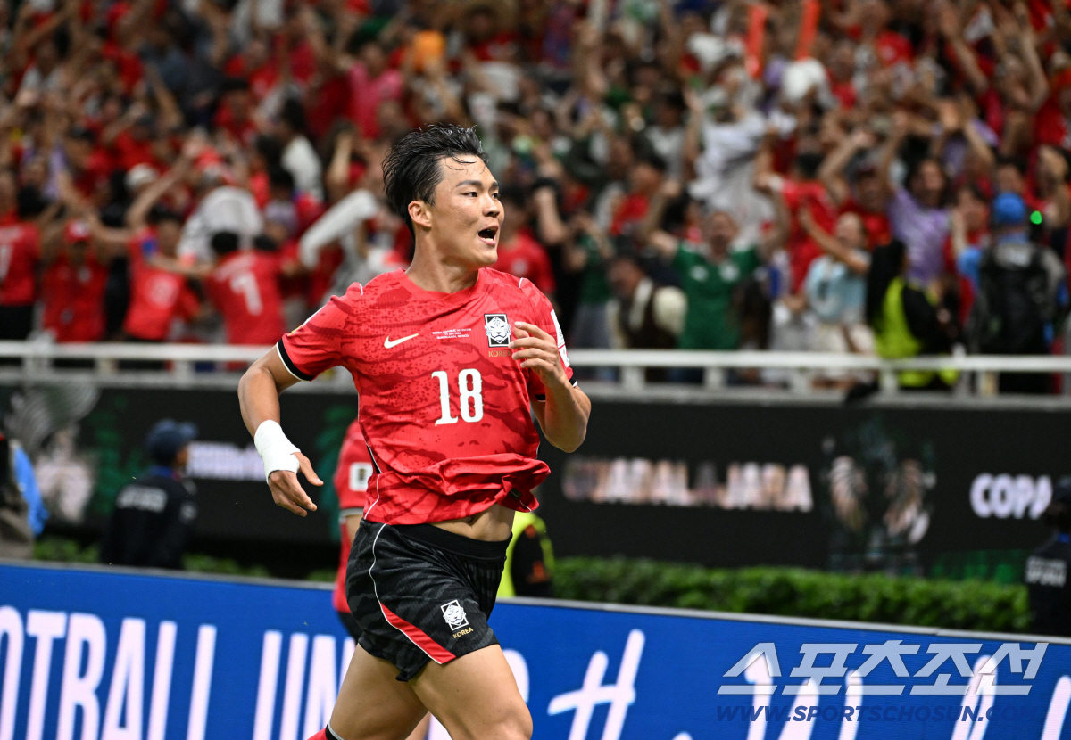 12일(한국시각) 멕시코 과달라하라 사포판의 에스타디오 과달라하라에서 열린 2026 북중미월드컵 대한민국과 체코의 경기. 결승골을 넣은 오현규가 환호하고 있다. 사포판(멕시코)=허상욱 기자 wook@sportschosun.com/2026.06.12/