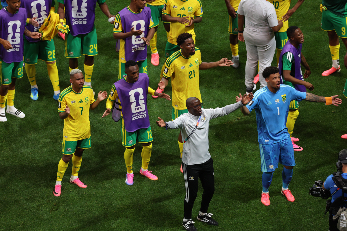 South African players celebrate after the World Cup Group A soccer match between Czechia and South Africa in Atlanta, Thursday, June 18, 2026. (AP Photo/Colin Hubbard)