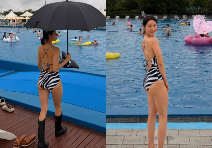 Han Groo Shows Off Her Curves in Zebra Bikini, Including a Voluptuous Figure and Apple-Hip Look... Is This Really the Body of a Mother of Twins?