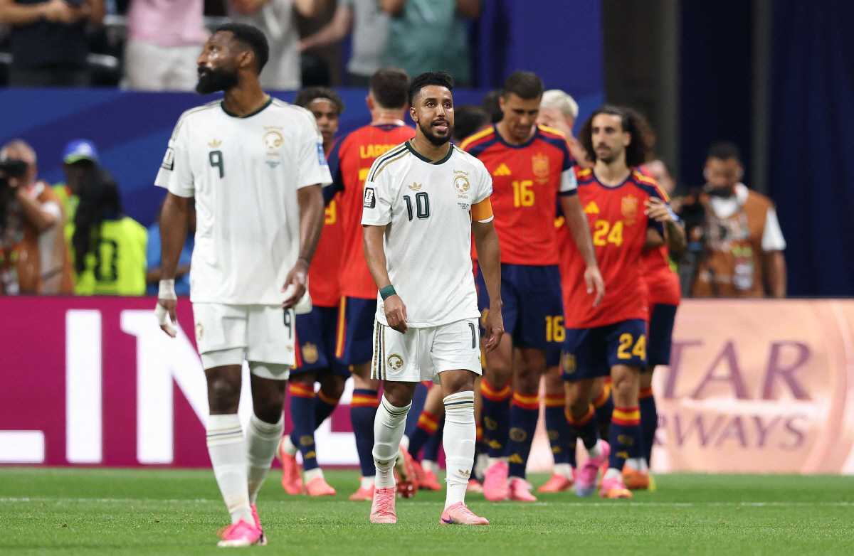 Soccer Football - FIFA World Cup 2026 - Group H - Spain v Saudi Arabia - Atlanta Stadium, Atlanta, Georgia, U.S. - June 21, 2026 Saudi Arabia's Salem Al-Dawsari reacts after Spain's Mikel Oyarzabal scores their third goal IMAGN IMAGES via Reuters/Brett Davis