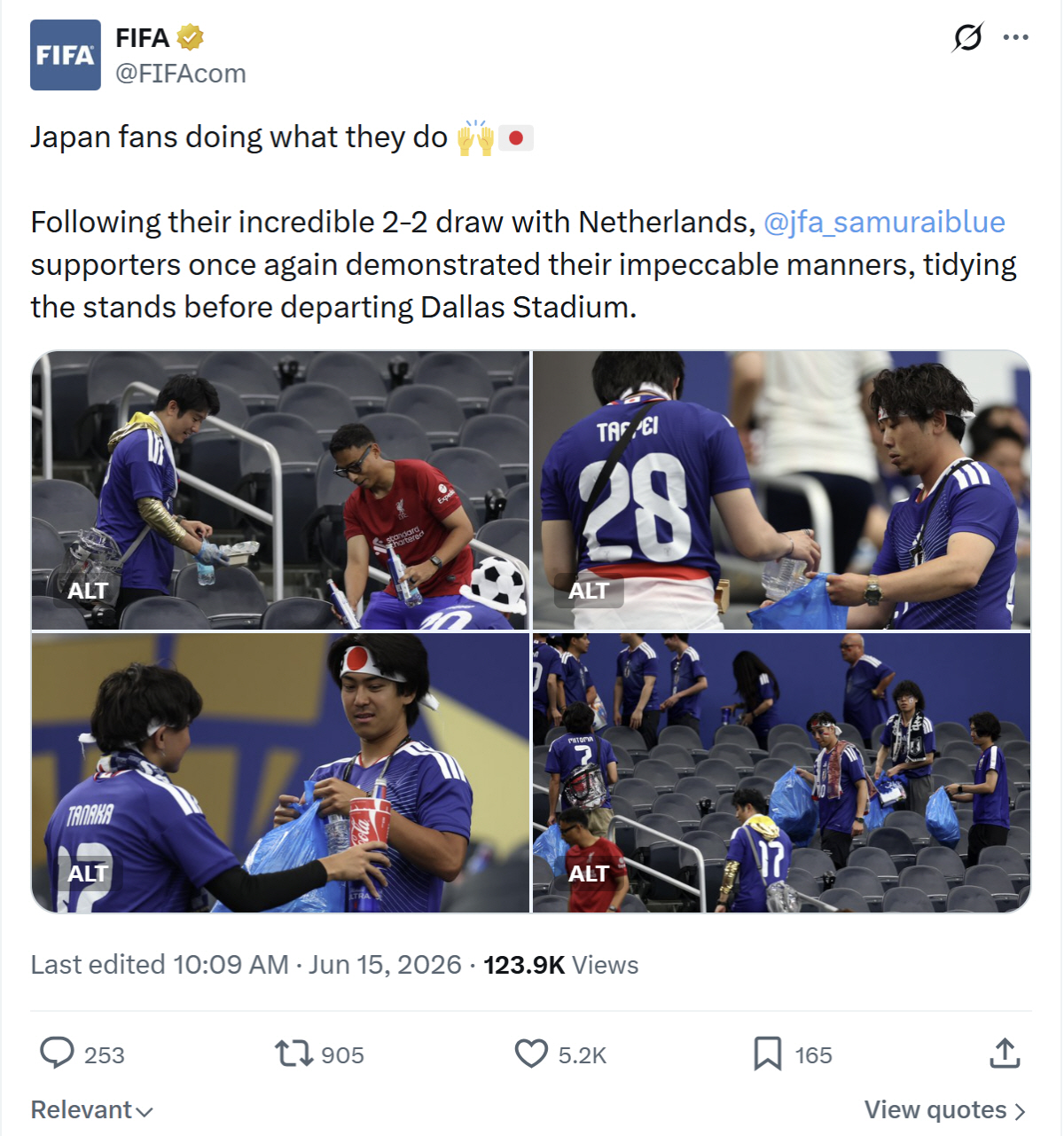 FIFA가 공식 SNS를 통해 일본-네덜란드전 이후 일본 팬들의 청소매너를 소개했다. 사진출처=FIFA SNS 캡처