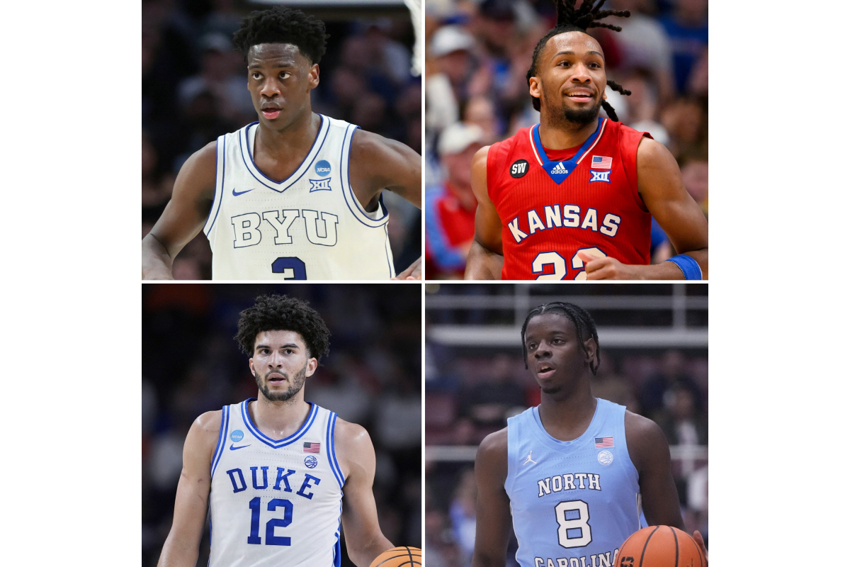 FILE - This photo combination shows, from top left, BYU forward AJ Dybantsa, March 19, 2026, in Portland, Ore., Kansas guard Darryn Peterson in Lawrence, Kan., March 7, 2026, Duke forward Cameron Boozer, March 21, 2026, in Greenville, S.C., and North Carolina forward Caleb Wilson in Stanford, Calif., Jan. 14, 2026. (AP Photo/Amanda Loman, Reed Hoffmann, Brynn Anderson, Jeff Chiu) FILE