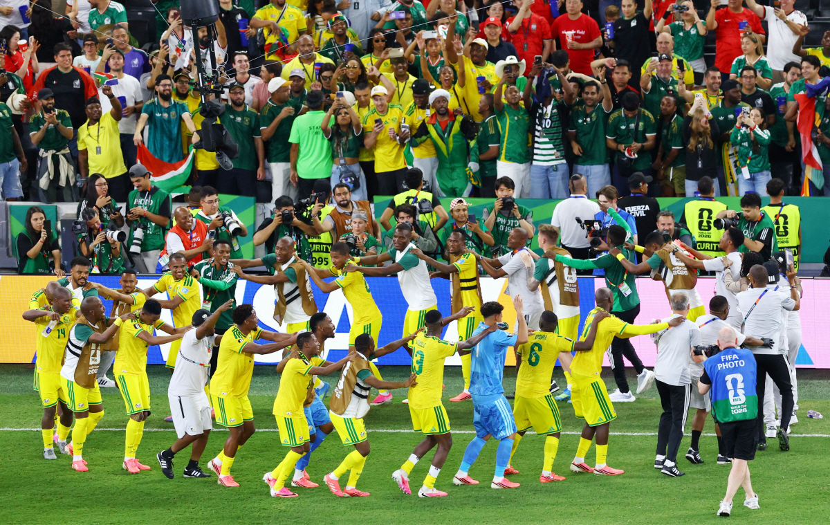 Soccer Football - FIFA World Cup 2026 - Group A - South Africa v South Korea - Estadio Monterrey, Monterrey, Mexico - June 24, 2026 South Africa players celebrate after the match REUTERS/Raquel Cunha