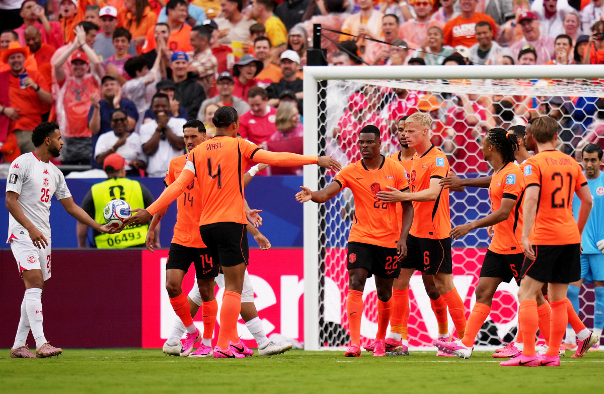Soccer Football - FIFA World Cup 2026 - Group F - Tunisia v Netherlands - Kansas City Stadium, Kansas City, Missouri, U.S. - June 25, 2026 Netherlands players celebrate their first goal, an own goal scored by Tunisia's Ellyes Skhiri IMAGN IMAGES via Reuters/Jay Biggerstaff