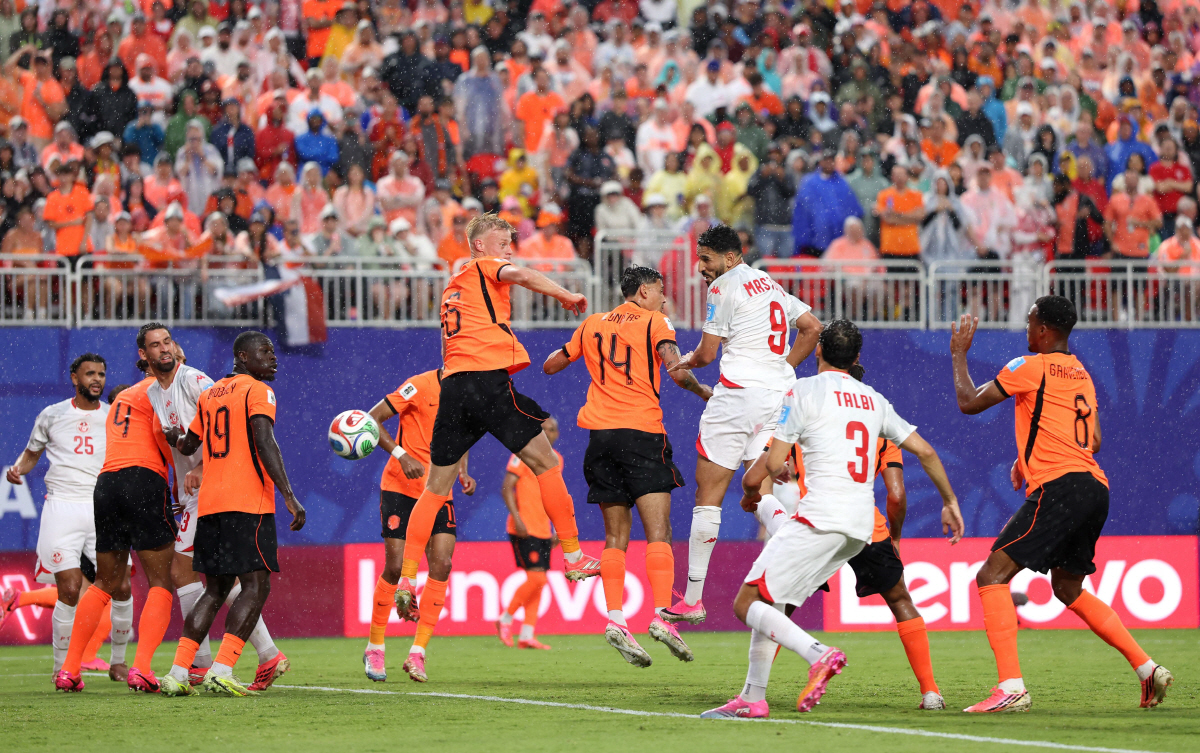 KANSAS CITY, MISSOURI - JUNE 25: Hazem Mastouri #9 of Tunisia scores his team's first goal during the FIFA World Cup 2026 Group F match between Tunisia and Netherlands at Kansas City Stadium on June 25, 2026 in Kansas City, Missouri. Charlotte Wilson/Getty Images/AFP (Photo by Charlotte Wilson / GETTY IMAGES NORTH AMERICA / Getty Images via AFP)