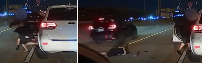 Man abruptly stops on highway, drags female driver out and throws her onto road, nearly causing her to be hit by a car