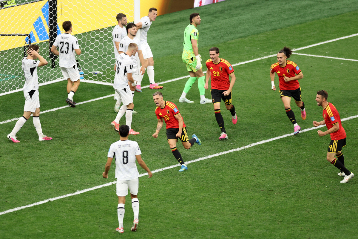 Belgium's Leandro Trossard (10) celebrates after scoring his side's opening goal during the World Cup Group G soccer match between New Zealand and Belgium in Vancouver, British Columbia, Friday, June 26, 2026. (AP Photo/Emma Peterson)