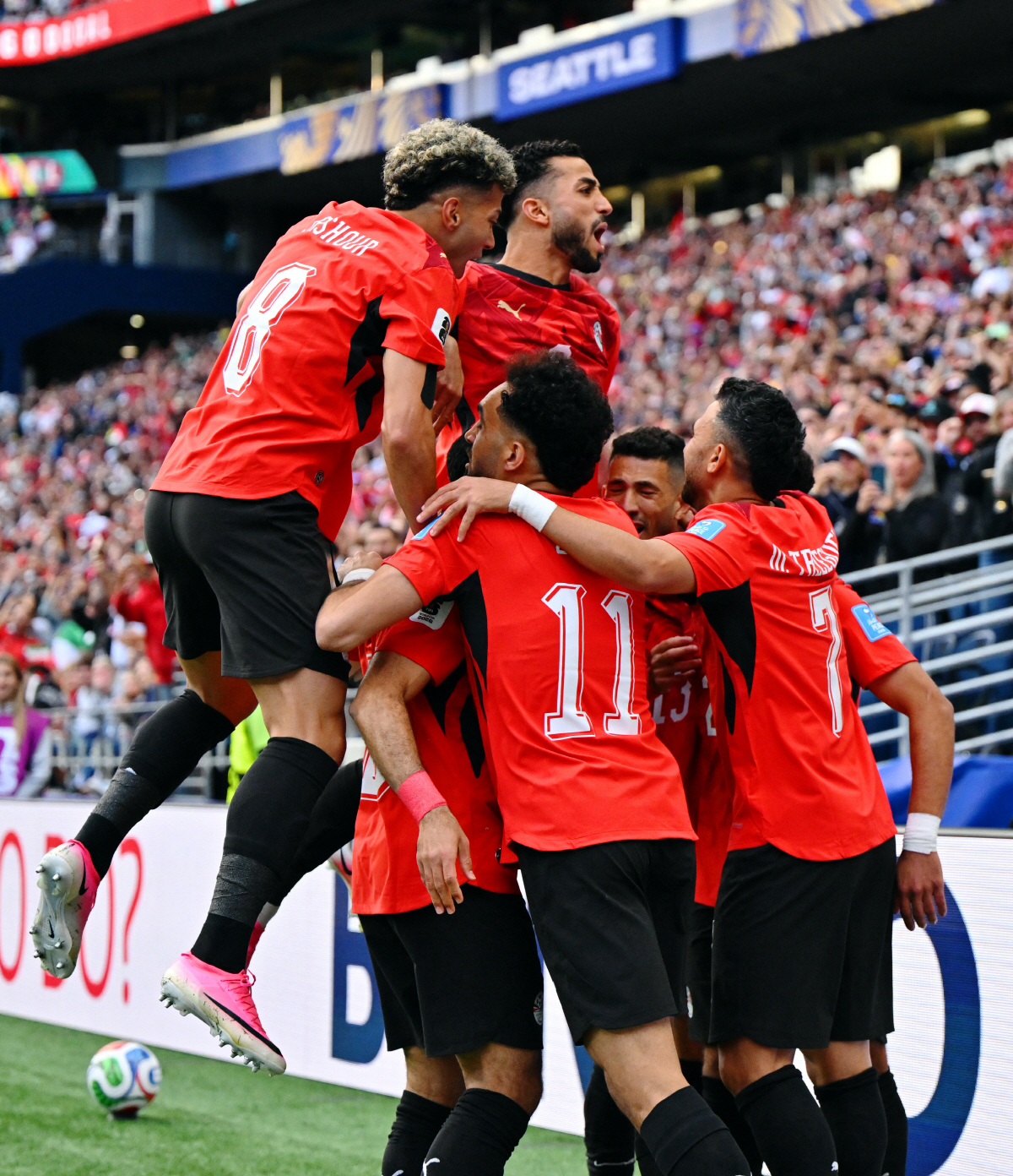 Soccer Football - FIFA World Cup 2026 - Group G - Egypt v Iran - Seattle Stadium, Seattle, Washington, U.S. - June 26, 2026 Egypt's Mahmoud Saber celebrates scoring their first goal with teammates IMAGN IMAGES via Reuters/Steven Bisig