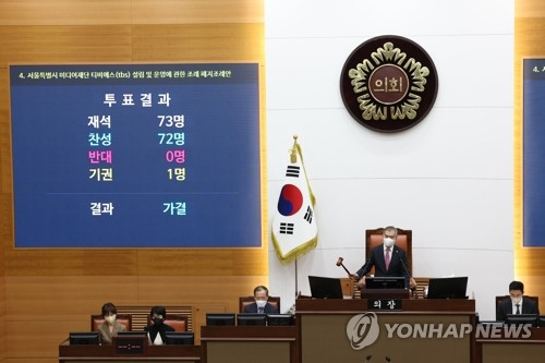 [연합뉴스 자료사진] 2022년 11월 15일 오후 서울시의회 본회의장에서 김현기 서울시의회 의장이 서울특별시 미디어재단 TBS 설립 및 운영에 관한 조례 폐지조례안 가결을 선포하고 있다. 2022.11.15 photo@yna.co.kr