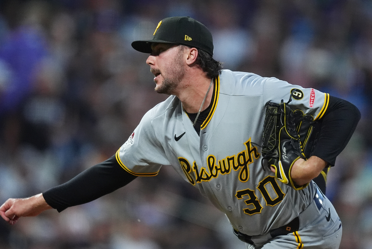Pittsburgh Pirates starting pitcher Paul Skenes works against the Colorado Rockies in the fifth inning of a baseball game Saturday, June 20, 2026, in Denver. (AP Photo/David Zalubowski)