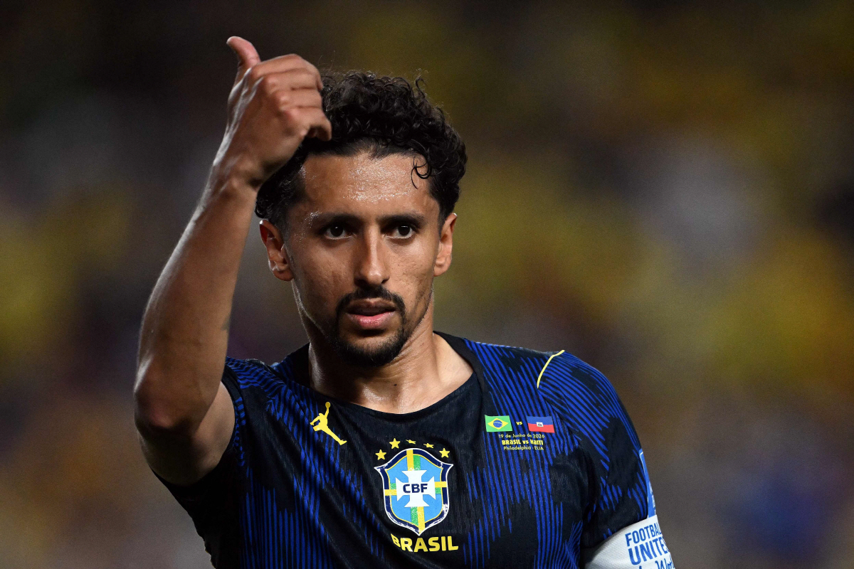 Brazil's defender #04 Marquinhos reacts during the 2026 World Cup Group C football match between Brazil and Haiti at the Philadelphia Stadium in Philadelphia on June 19, 2026. (Photo by Mauro PIMENTEL / AFP)