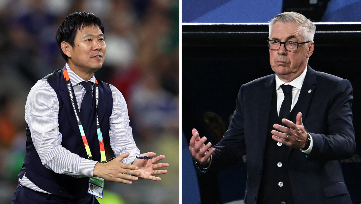 (COMBO) This combination of file photos created on June 27, 2026, Japan's head coach Hajime Moriyasu in Guadalupe, Mexico, on June 20, 2026 (L); and Brazil's Italian head coach Carlo Ancelotti in Philadelphia on June 19, 2026. Brazil and Japan will meet in a 2026 World Cup round of 32 football match at the Houston Stadium in Inglewood June 28, 2026. (Photo by Julio Cesar AGUILAR and Roberto SCHMIDT / AFP)
