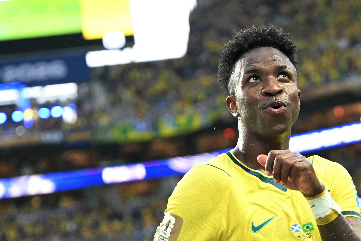 Brazil's forward #07 Vinicius Junior celebrates after scoring his team's second goal during the 2026 World Cup Group C football match between Scotland and Brazil at the Miami Stadium in Miami Gardens on June 24, 2026. (Photo by CHANDAN KHANNA / AFP)