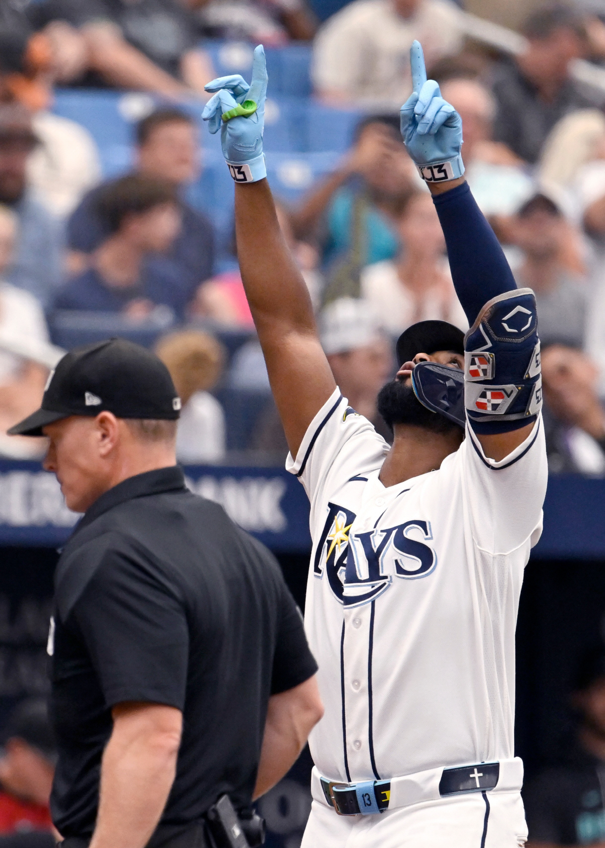 Tampa Bay Rays' Junior Caminero, right, celebrates after hitting a home run during the fifth inning of a baseball game against the Arizona Diamondbacks, Sunday, June 28, 2026, in St. Petersburg, Fla. (AP Photo/Jason Behnken)