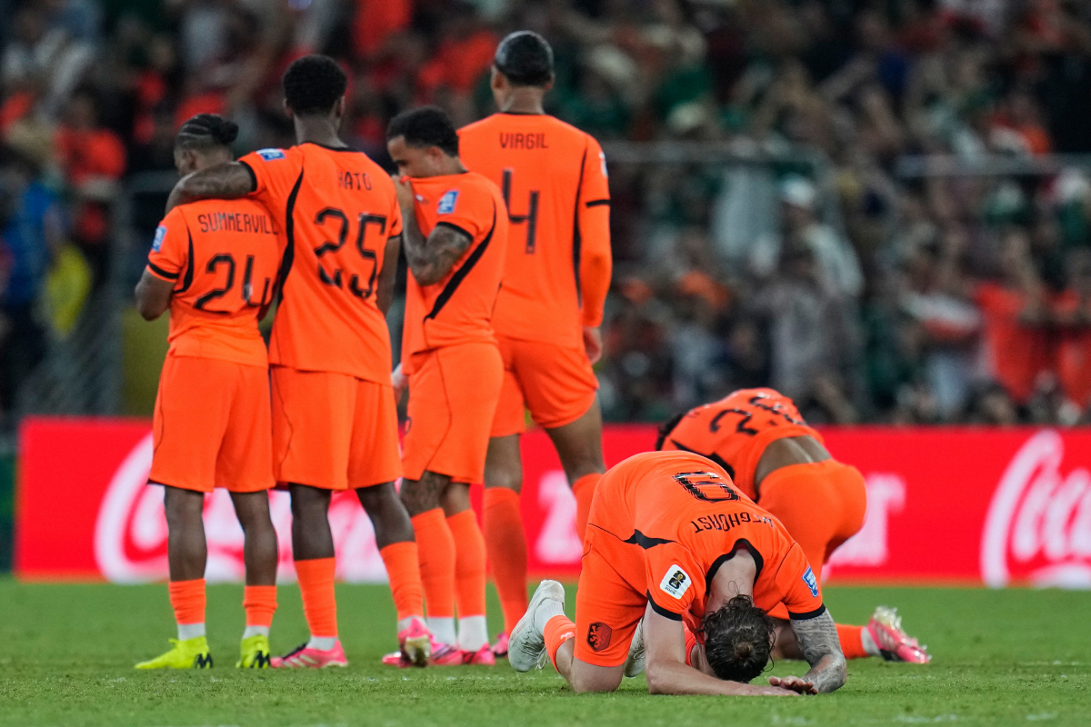 Netherlands players react following the World Cup round of 32 soccer match between the Netherlands and Morocco in Guadalupe, near Monterrey, Mexico, Monday, June 29, 2026. (AP Photo/Ricardo Mazalan)