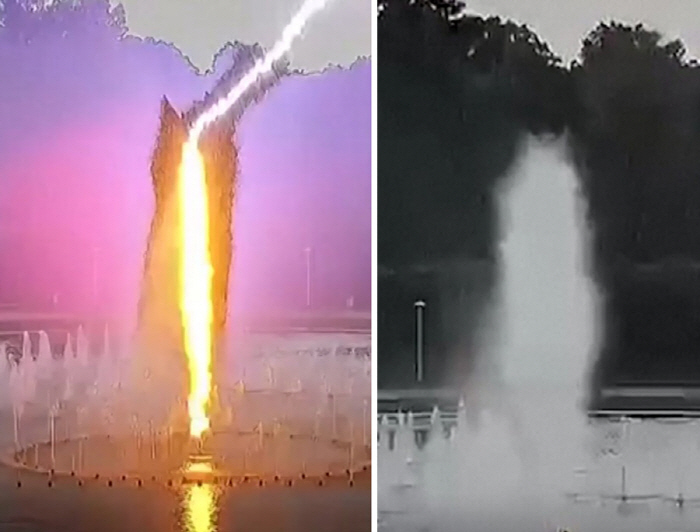 A Fountain Where Children Were Playing Suddenly Struck by Lightning, Captured on CCTV