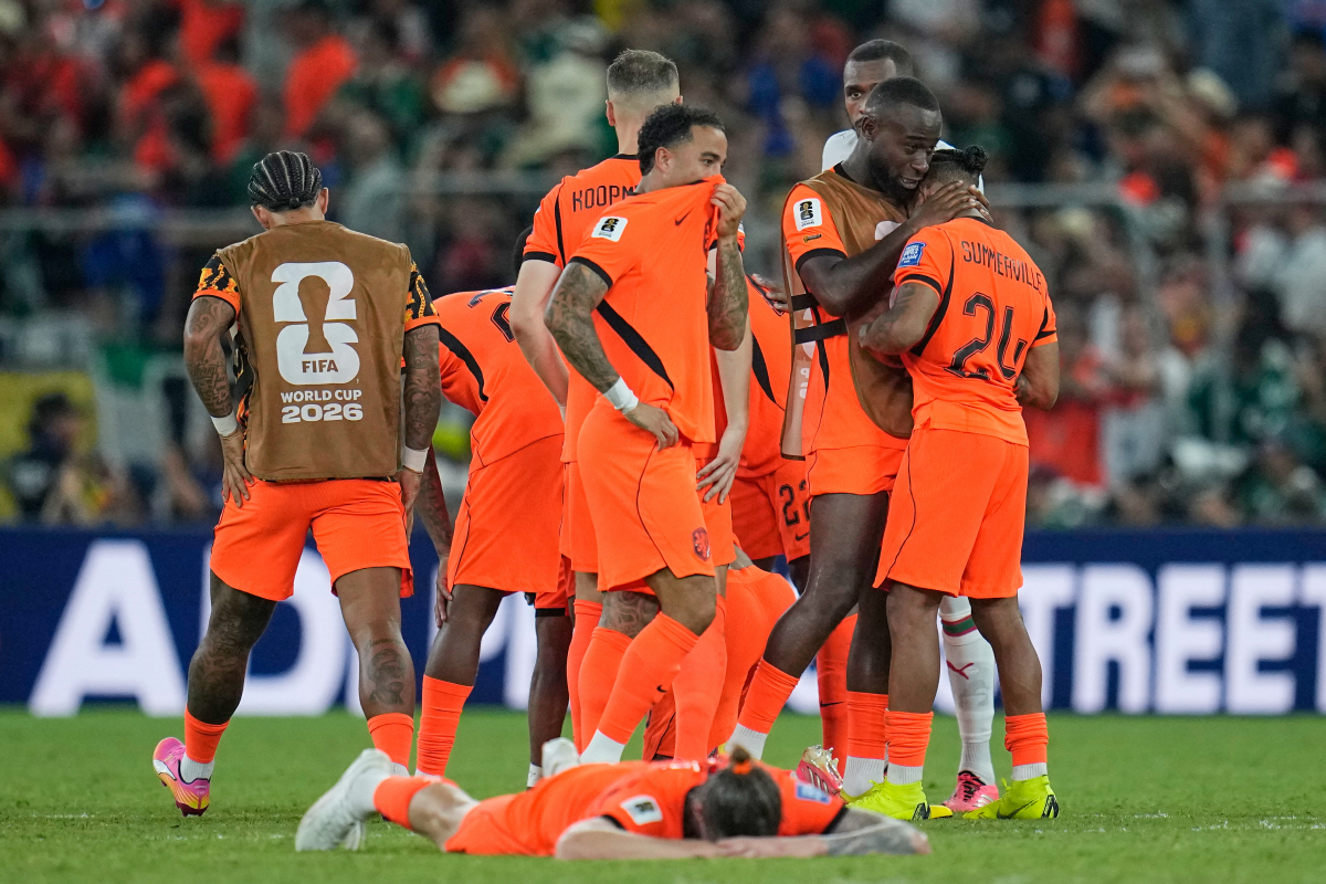 Netherlands players react following the World Cup round of 32 soccer match between the Netherlands and Morocco in Guadalupe, near Monterrey, Mexico, Monday, June 29, 2026. (AP Photo/Ricardo Mazalan)