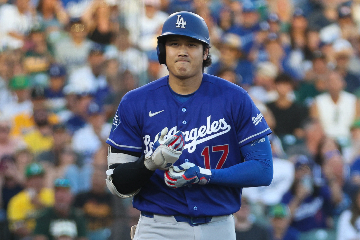 Jun 30, 2026; West Sacramento, California, USA; Los Angeles Dodgers designated hitter Shohei Ohtani (17) reacts after drawing a walk during the sixth inning against the Athletics at Sutter Health Park. Mandatory Credit: Scott Marshall-Imagn Images