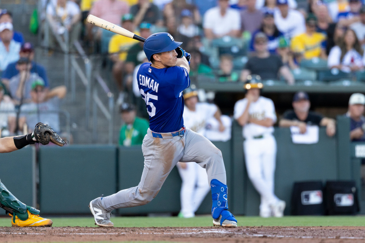 Los Angeles Dodgers' Tommy Edman hits a three-run home run during the third inning of a baseball game against the Athletics Tuesday, June 30, 2026, in West Sacramento, Calif. (AP Photo/Sara Nevis)