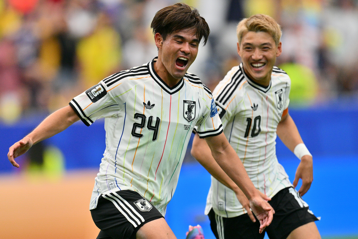 epa13073189 Kaishu Sano of Japan celebrates after scoring the 1-0 lead during the FIFA World Cup 2026 Round of 32 match Brazil against Japan, in Houston, USA, 29 June 2026. EPA/SAM WASSON