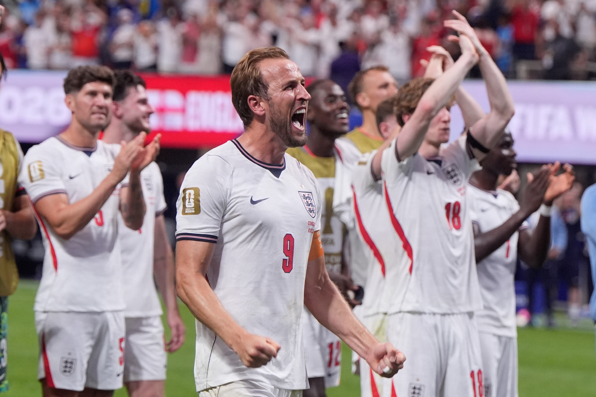 England's Harry Kane celebrates after scoring both goals in a World Cup Round of 32 soccer match against Congo in Atlanta, Wednesday, July 1, 2026 (AP Photo/Mike Stewart)