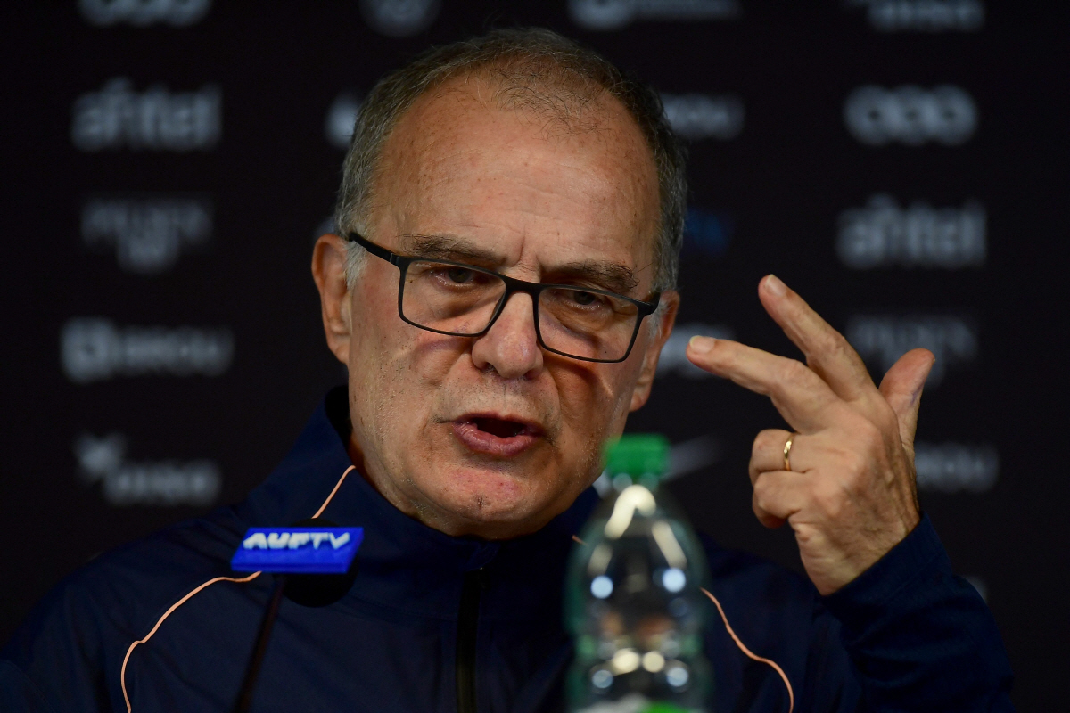 Uruguay's Argentine head coach Marcelo Bielsa gestures during a press conference at the Centenario Stadium in Montevideo on June 30, 2026. (Photo by Dante FERNANDEZ / AFP)