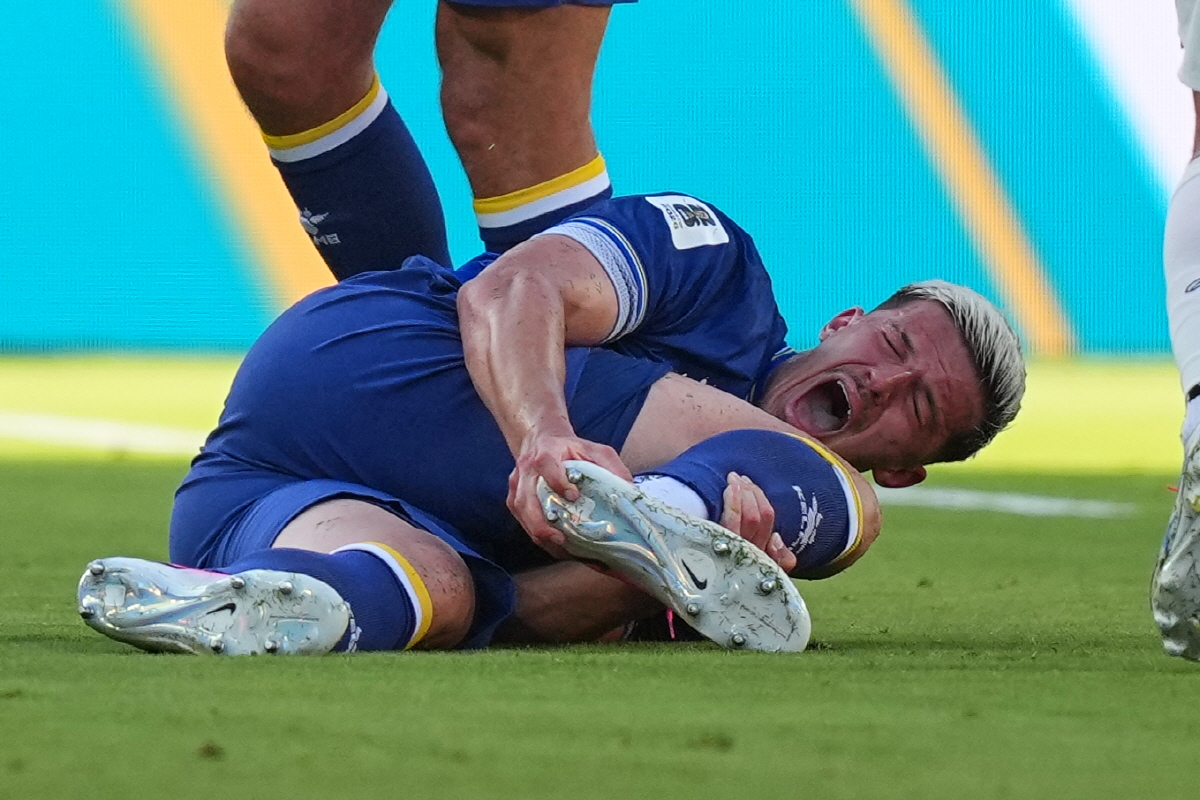 Bosnia's Tarik Muharemovic (4) reacts after a tackle form United States' Folarin Balogun (20) during the World Cup round of 32 soccer match between the United States and Bosnia in Santa Clara, Calif., near San Francisco, Wednesday, July 1, 2026. (AP Photo/Julio Cortez)