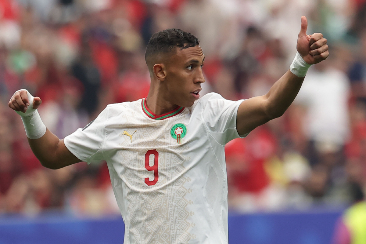 epa13086715 Soufiane Rahimi of Morocco reacts during the FIFA World Cup 2026 Round of 16 match Canada against Morocco, in Houston, USA, 04 July 2026. EPA/CHRISTOPHER NEUNDORF
