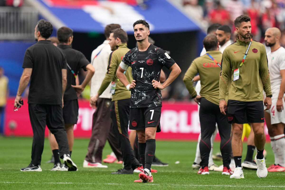 Canada's Stephen Eustaquio (7) reacts after the World Cup round of 16 soccer match between Canada and Morocco in Houston, Saturday, July 4, 2026. (AP Photo/Ashley Landis)