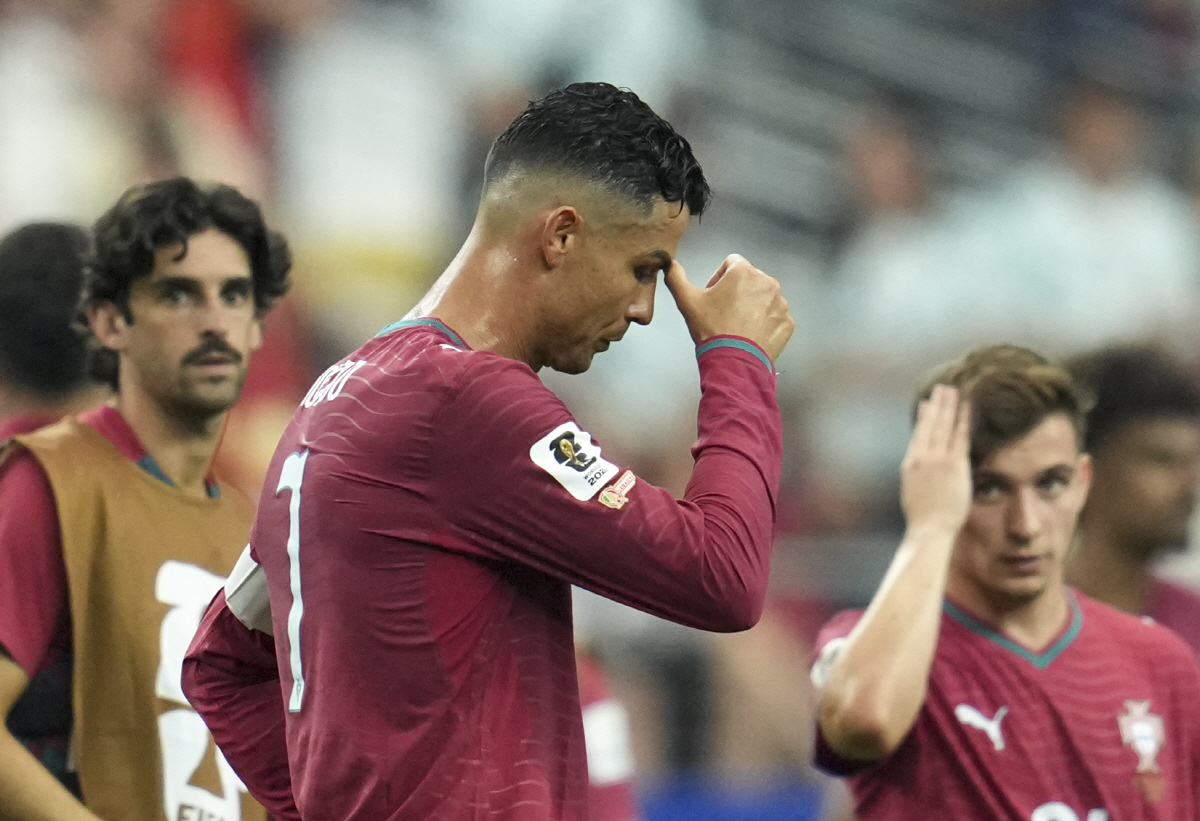 (260707) -- DALLAS, July 7, 2026 (Xinhua) -- Cristiano Ronaldo of Portugal reacts after the round of 16 match between Spain and Portugal at the 2026 FIFA World Cup at Dallas Stadium in Dallas, the United States, July 6, 2026. (Xinhua/Wu Xiaoling)